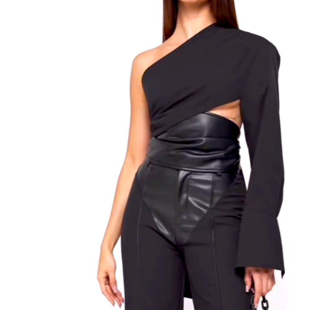 One Sleeve Vegan Leather Wrap Top - Black